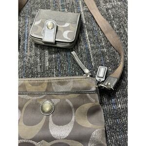 COACH Gray Silver Tan Strap Signature Canvas Crossbody Leather trim Bag W/Wallet